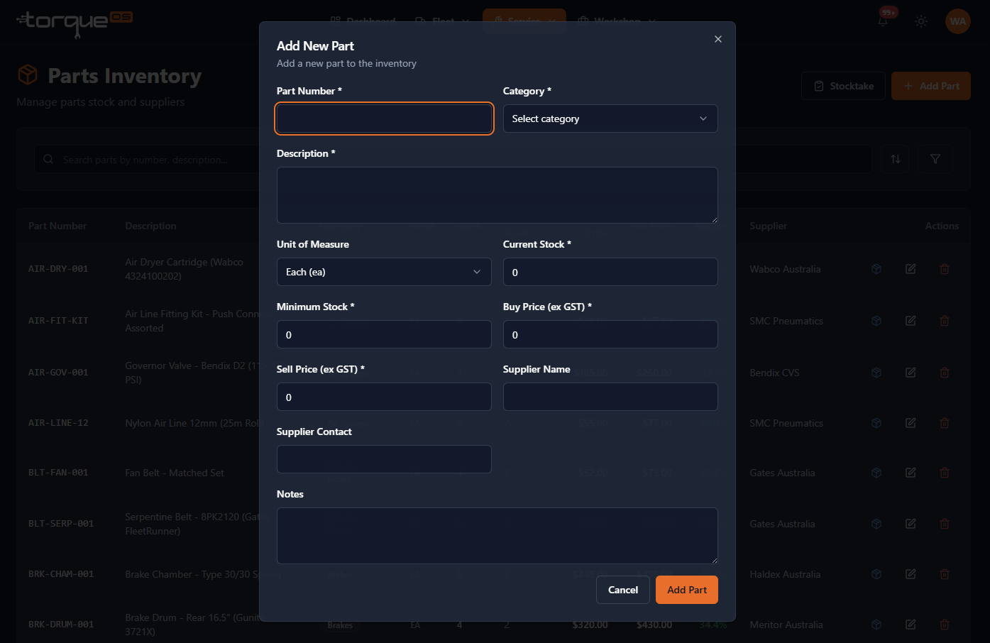 The Add part dialog