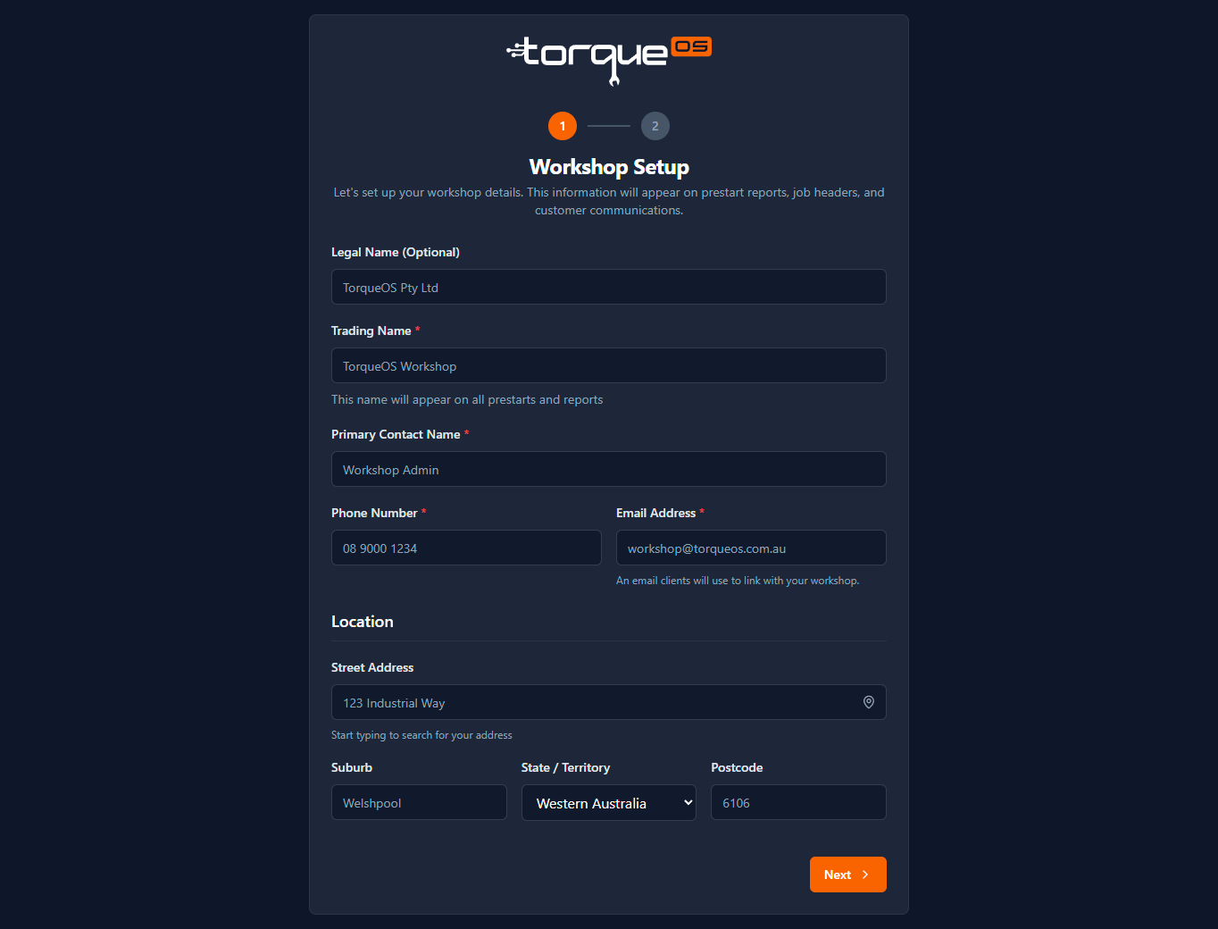 The business-details step of the onboarding wizard