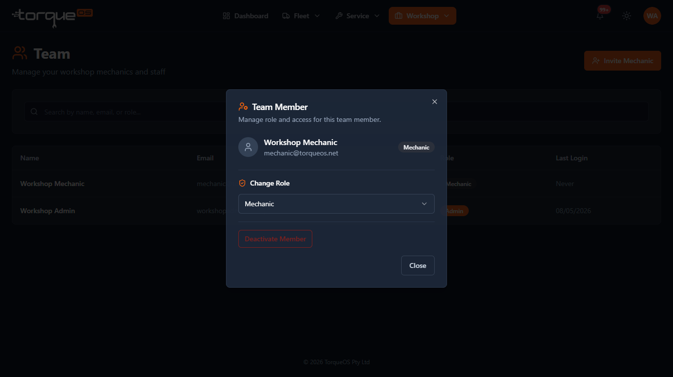 Team member detail panel with role and deactivate controls