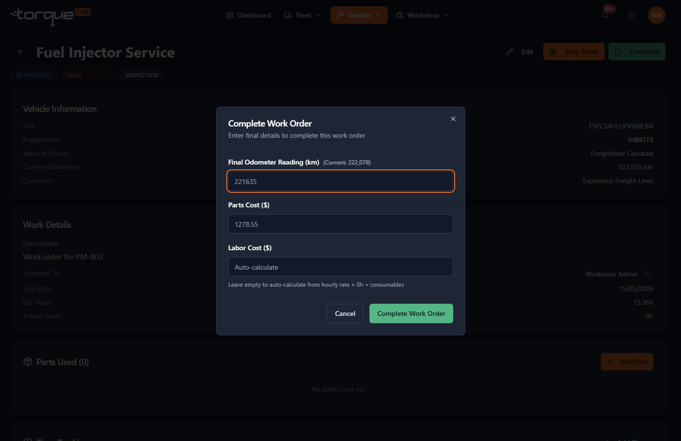 The status selector with Completed highlighted