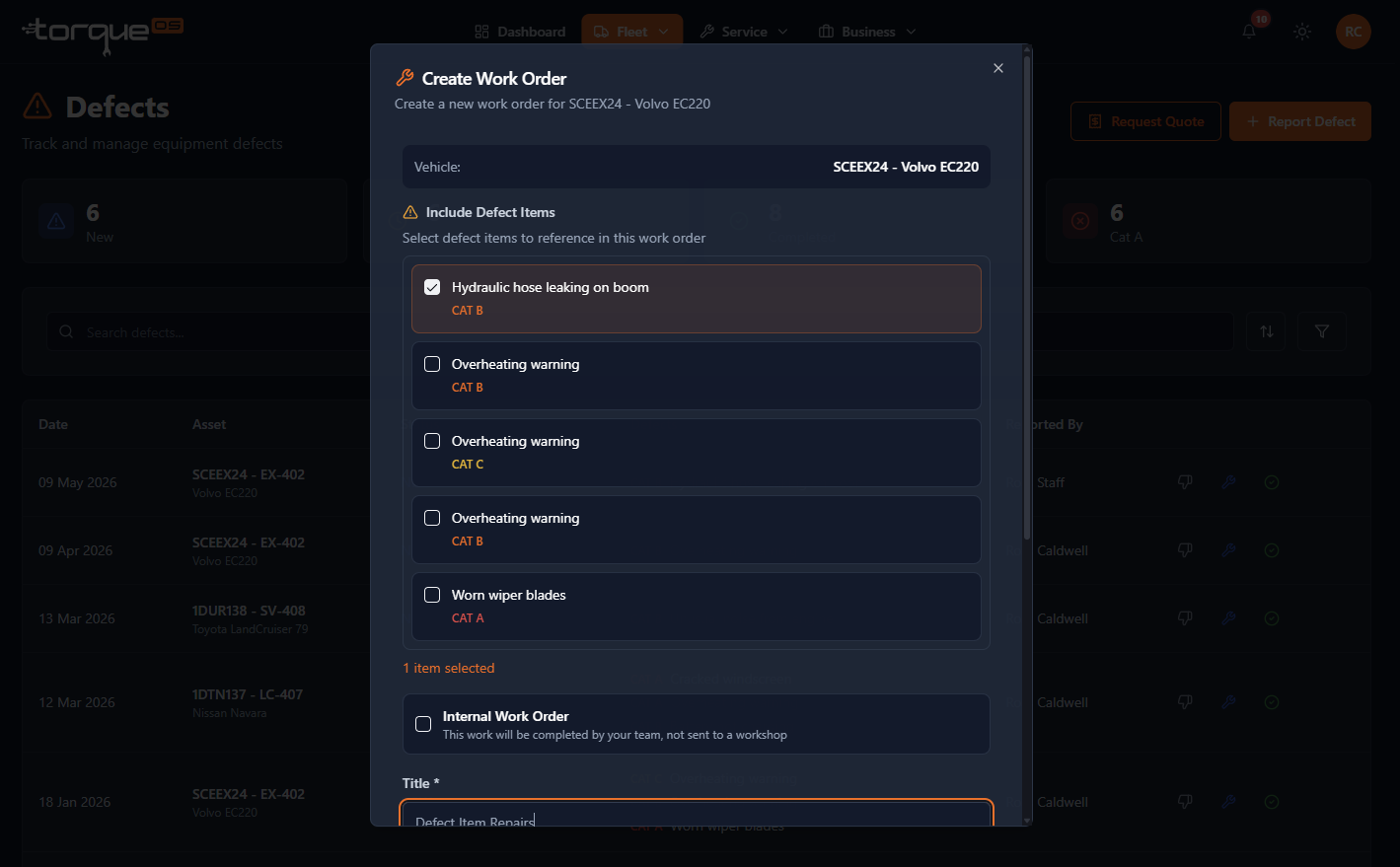 The defect detail page with the Convert to Work Order button