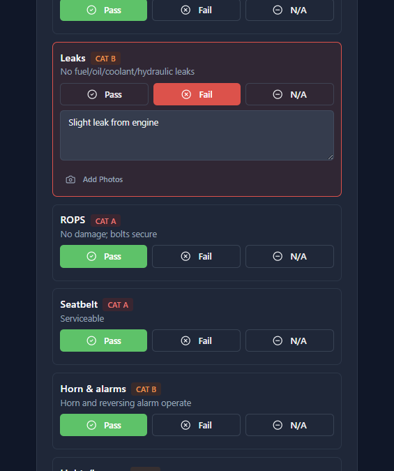 A phone showing the prestart checklist mid-flow