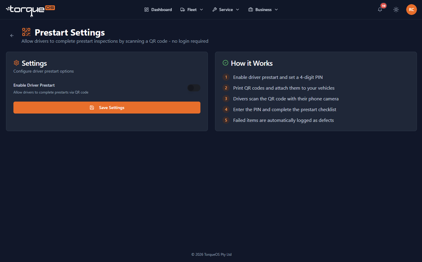 The Driver prestart panel on an asset detail page