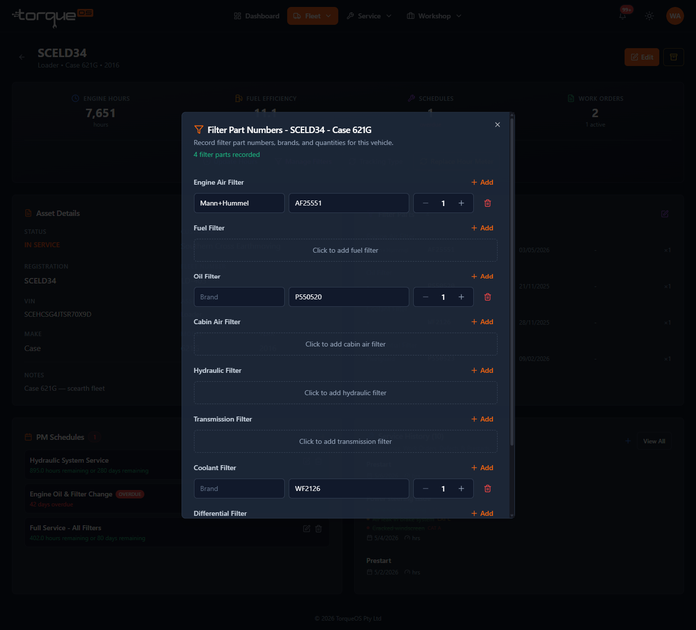 The Filters tab on an asset showing oil and air filter entries