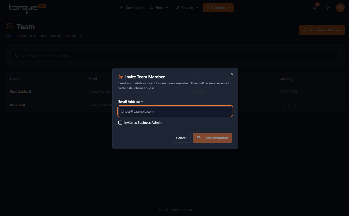 The Invite team member dialog with role selector
