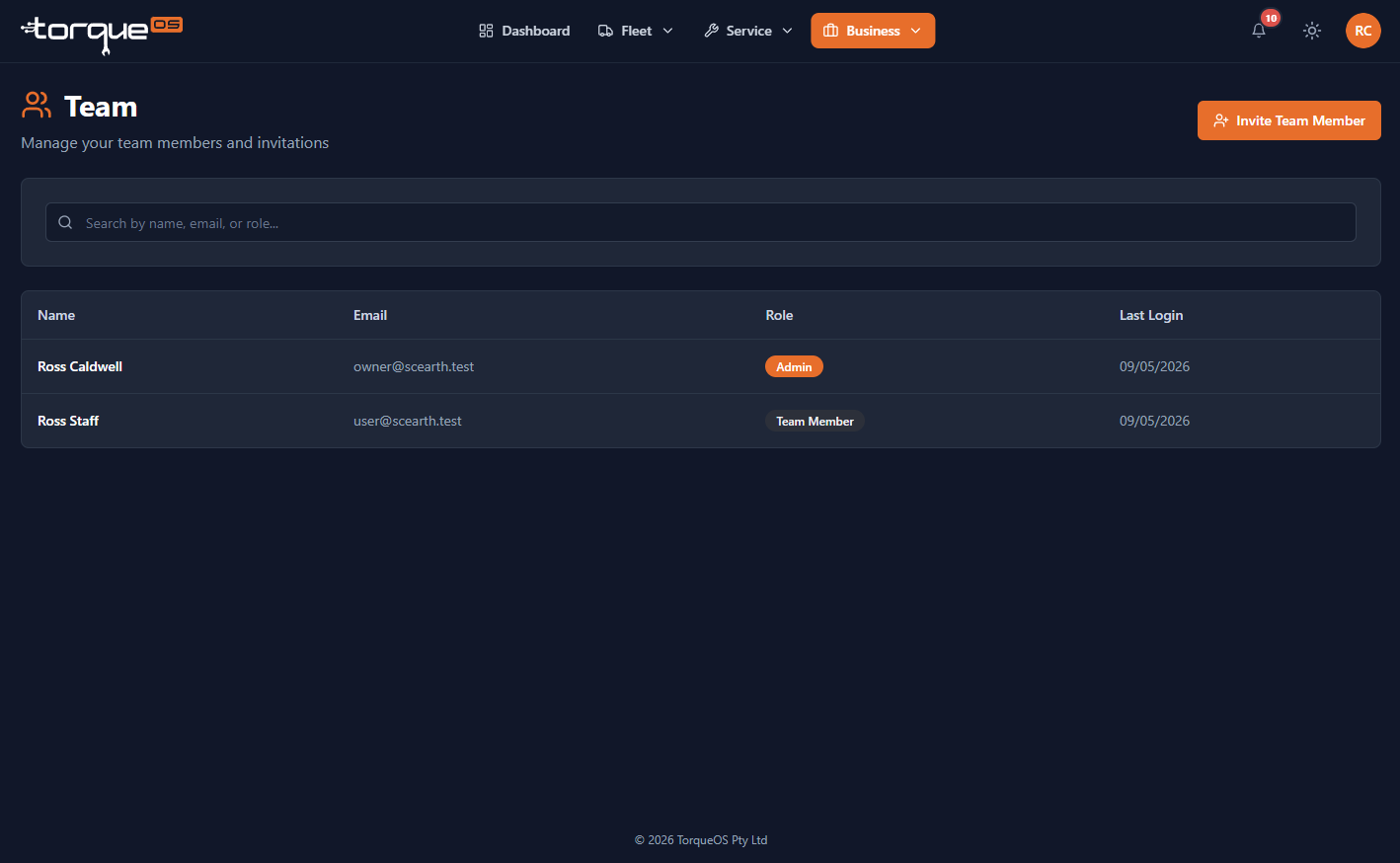The Team list showing roles