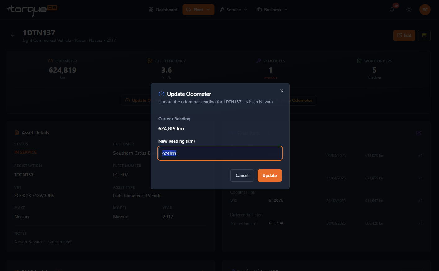 The Update odometer dialog