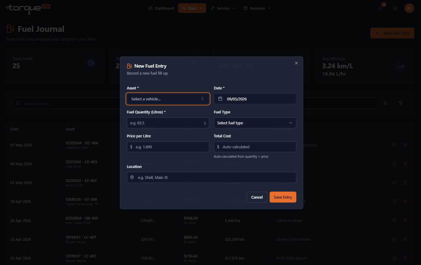 The Fuel entry form