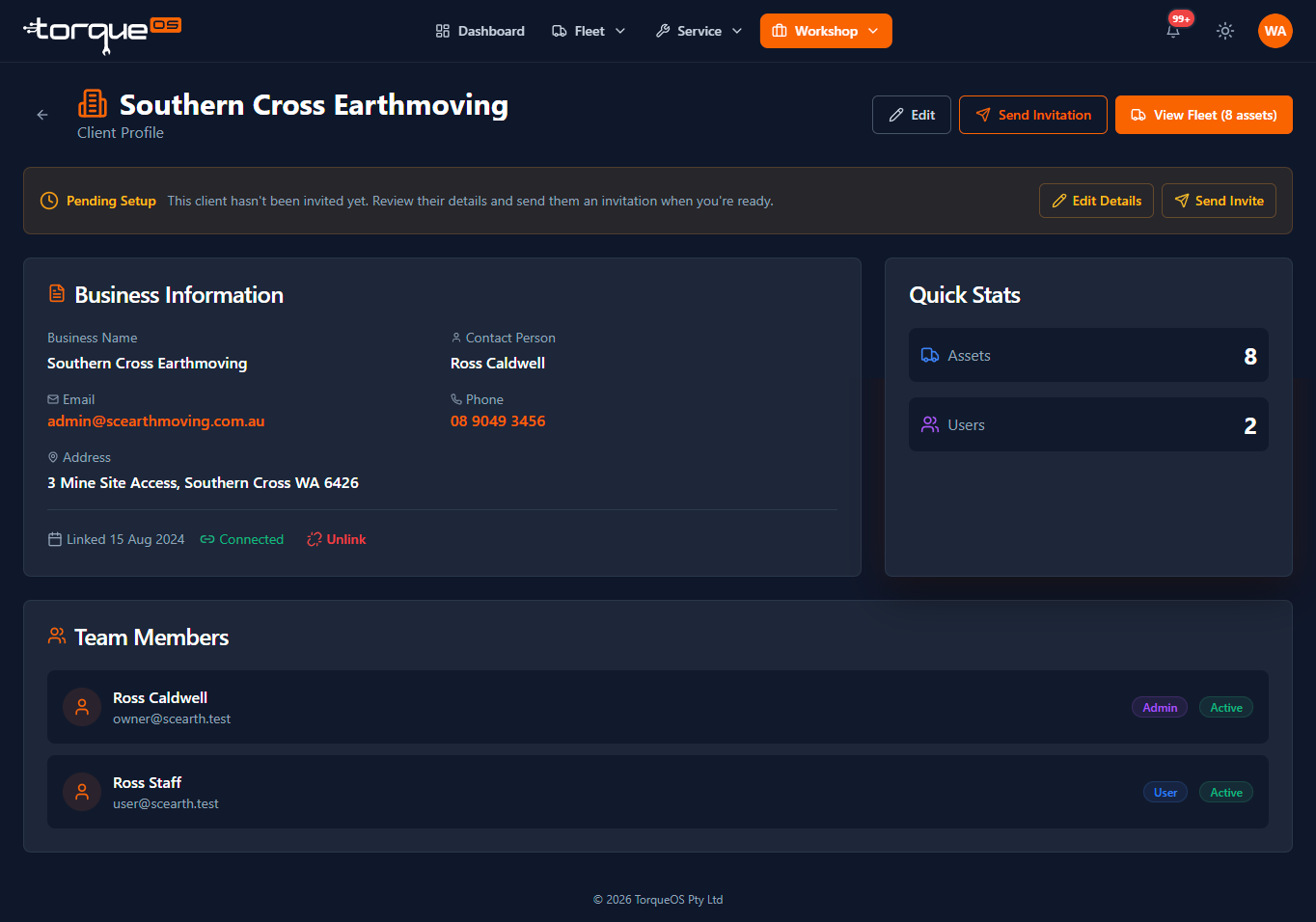 The client detail page showing the Send invitation button