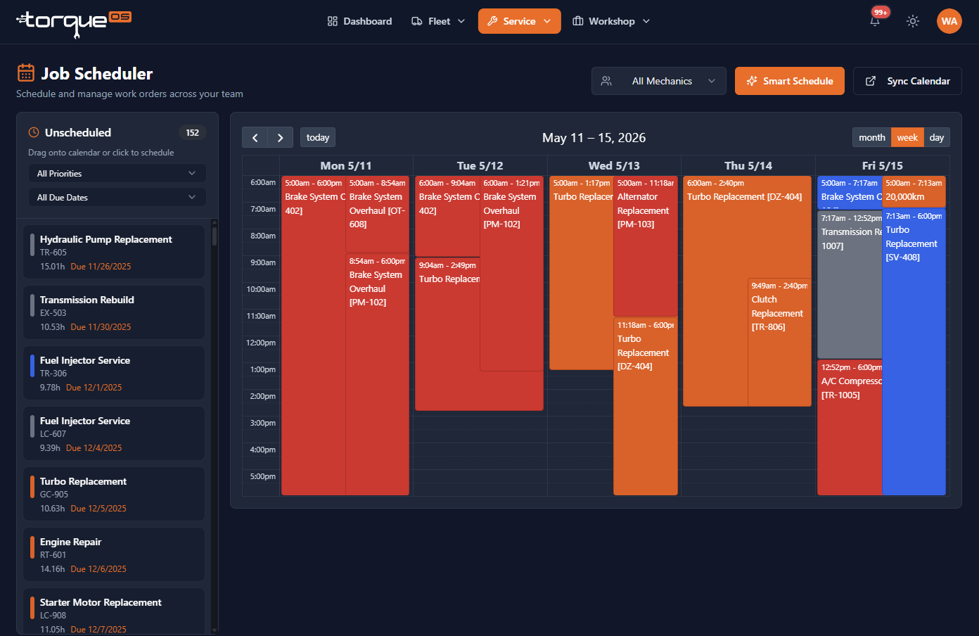 The scheduler week view with mechanic lanes