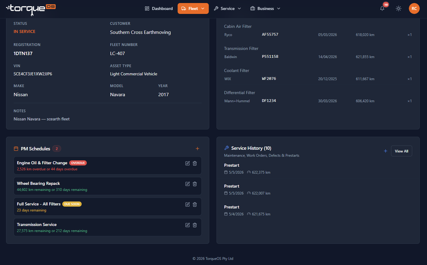 The maintenance schedule panel on an asset