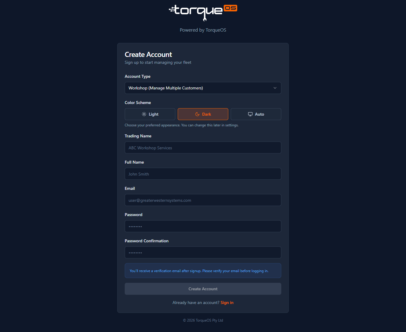 The Workshop / Fleet selector on the signup page