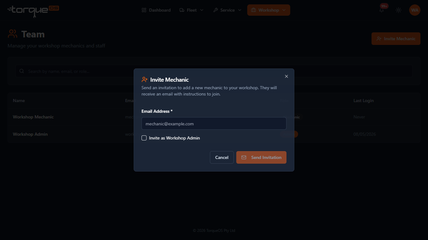 The Invite team member dialog