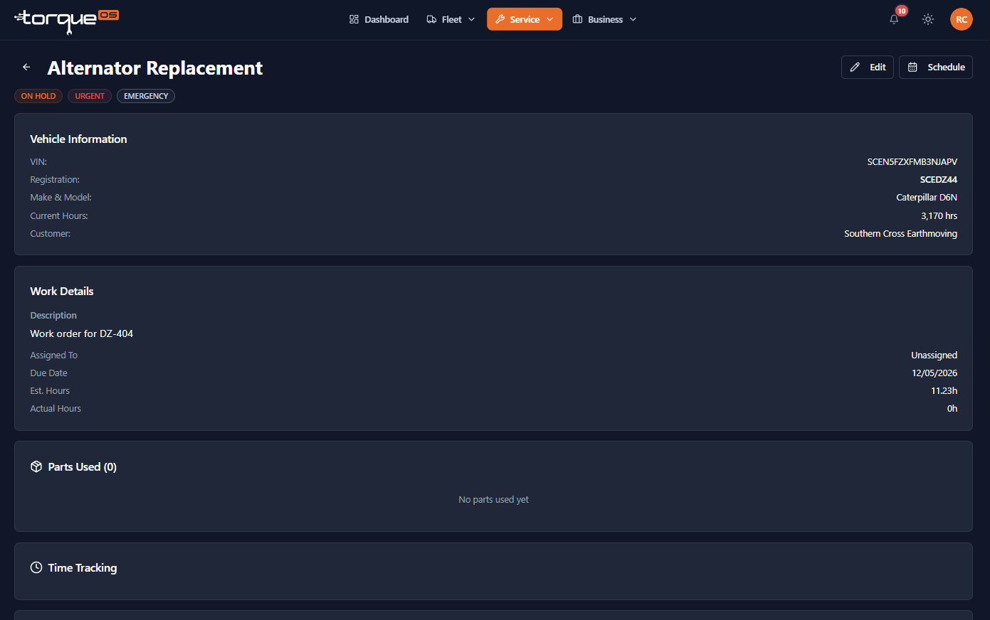 The work order detail page