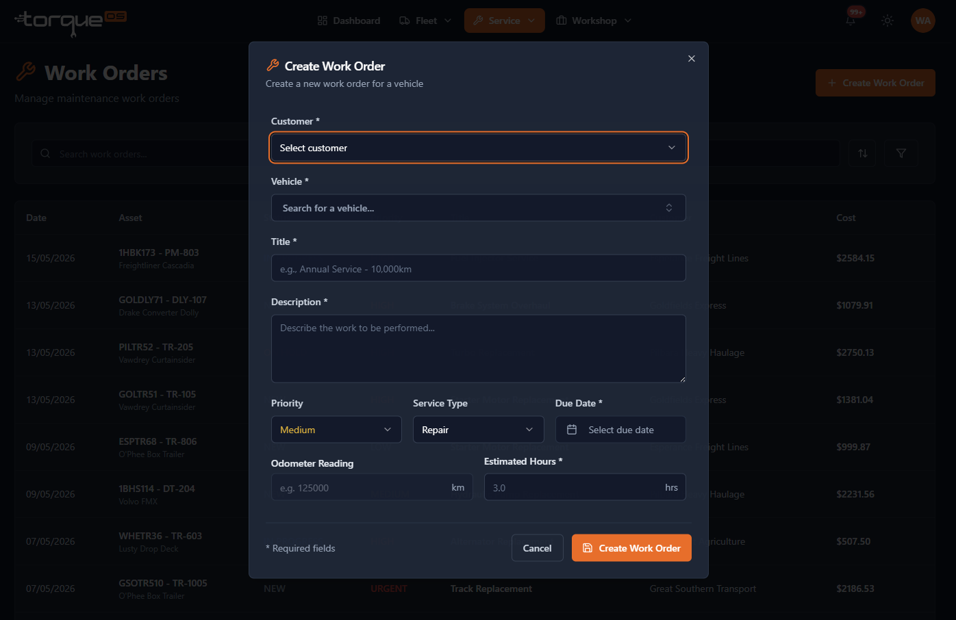 The Create work order dialog